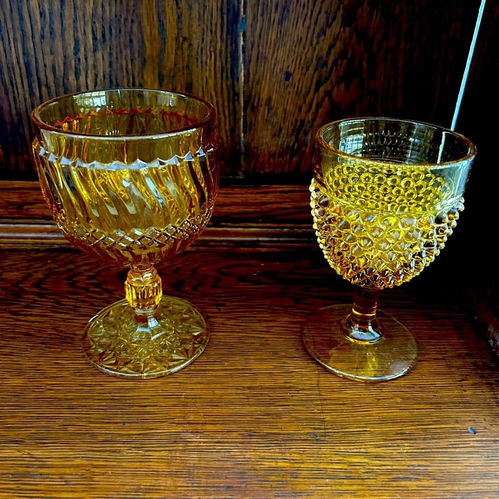 Vintage Amber Swirl Water Goblet & Amber Hobnail Goblet Glasses